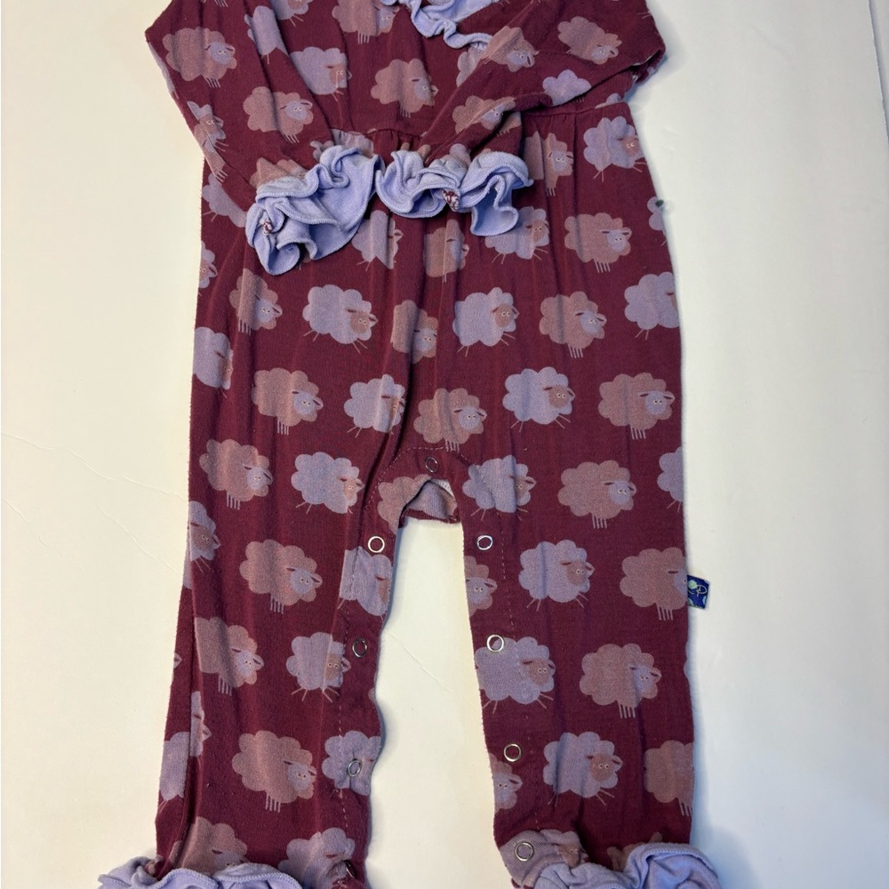 Kickee Pants Maroon and Lavender Sheep one piece with ruffle details